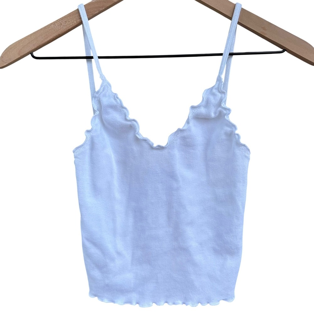 Brandy Melville White Ribbed Lettuce Trim V-Neck Cami Tank Top One Size